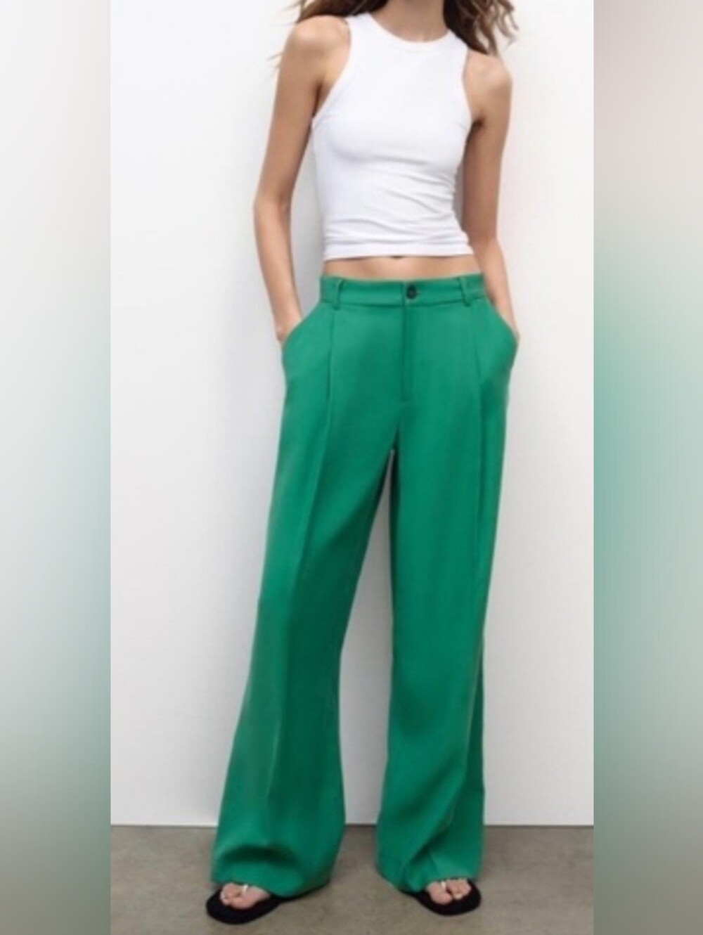 ZARA Wide-Leg High Rise Flowy Pleated Green Pants